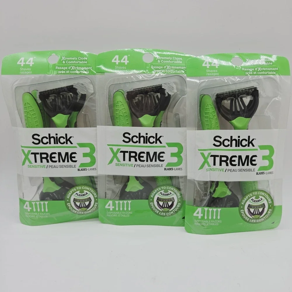 Lot of 3 Schick XTREME 3 Blade Sensitive Disposable Razors 4 Count (12 Total)